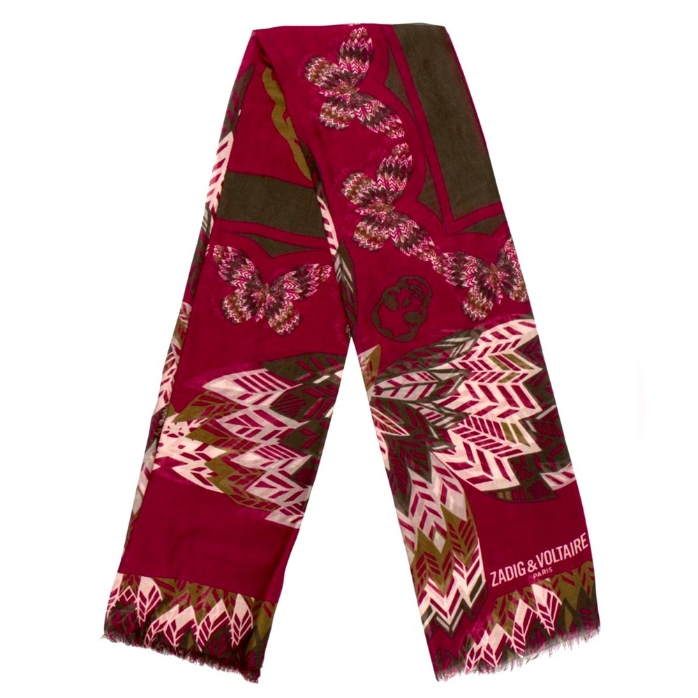 Zadig & Voltaire KERRY Butterfly Skull Feather Scarf 🧣 red NWT $198 - Picture 4 of 6